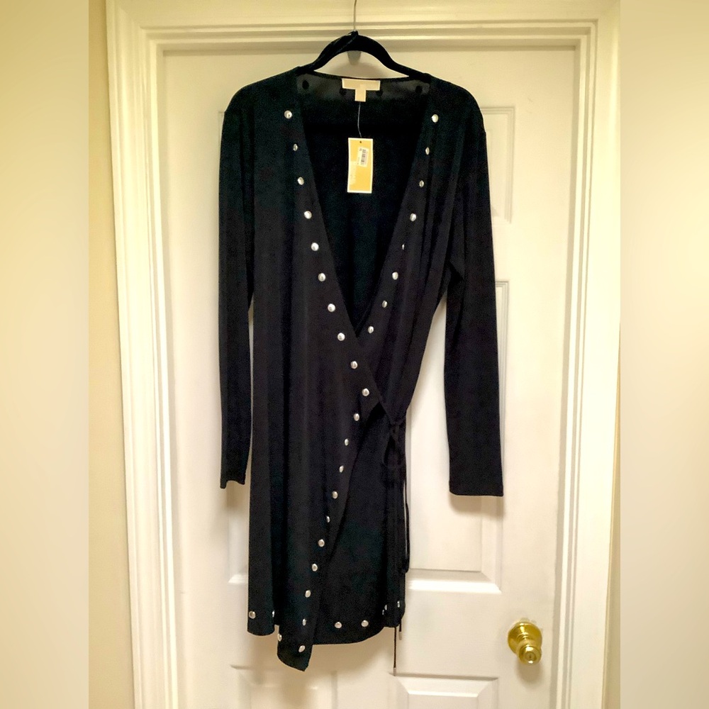 NWTS Sexy MK Black wrap Dress with Silver Studs.down front and hem Long Sleeves
